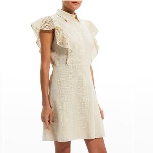 Theory Nova Cream Eyelet Mini Botton Front Dress + Slip with Ruffled Sleeves
